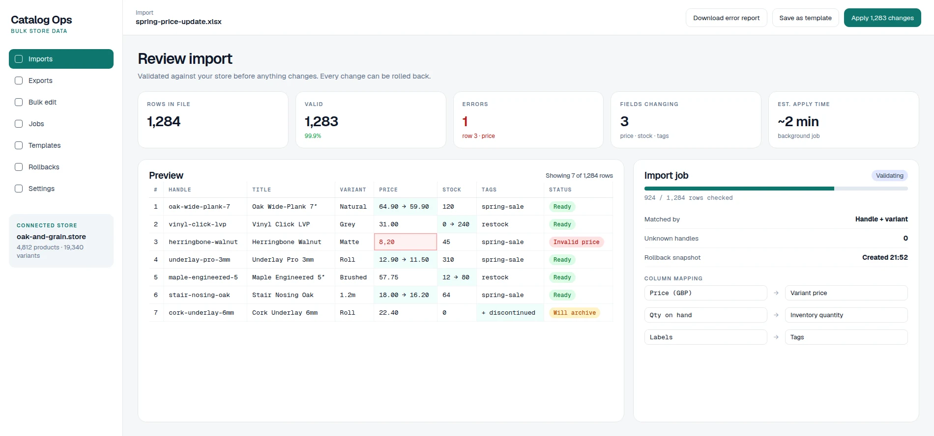 Catalog Ops import review with validated spreadsheet rows, errors and column mapping